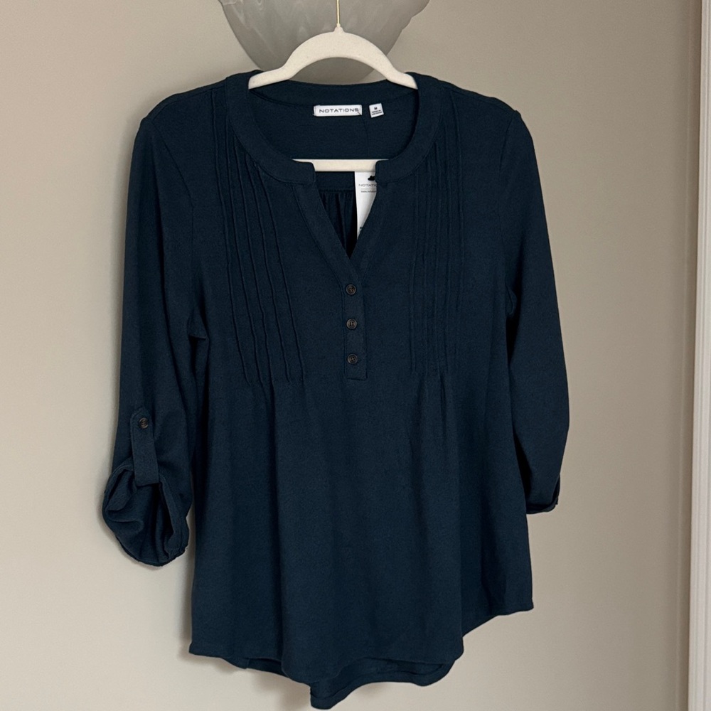 🎉HP🎉 Notations 3/4 Tab Sleeve Top with Pleated Detail 💗 Teal - Picture 4 of 16